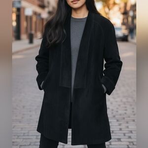 Suede leather black jacket open front Boho Relaxed Midi Large Winter